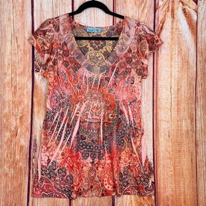 Unity World Wear Bohemian Hippie Ruffled Gem Accented V-neck Blouse Top 1774